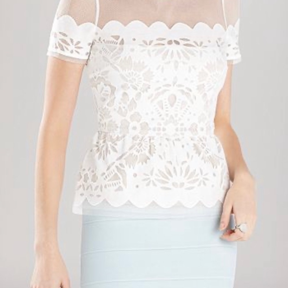 BCBG Kasandra Top - lace shoulder peplum, Xs